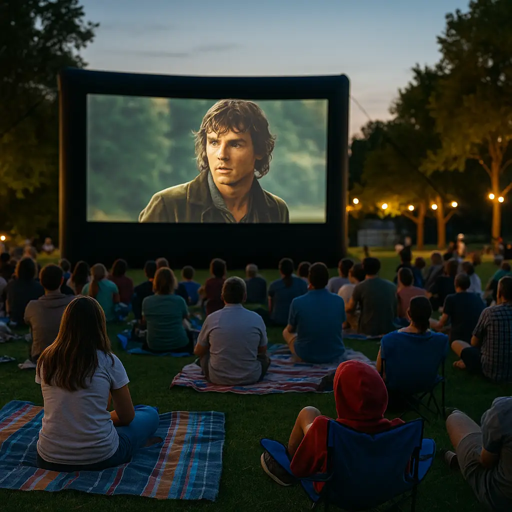 Families and friends sit on blankets and lawn chairs in a grassy park at sunset, watching a movie projected on a large outdoor screen framed by string lights.